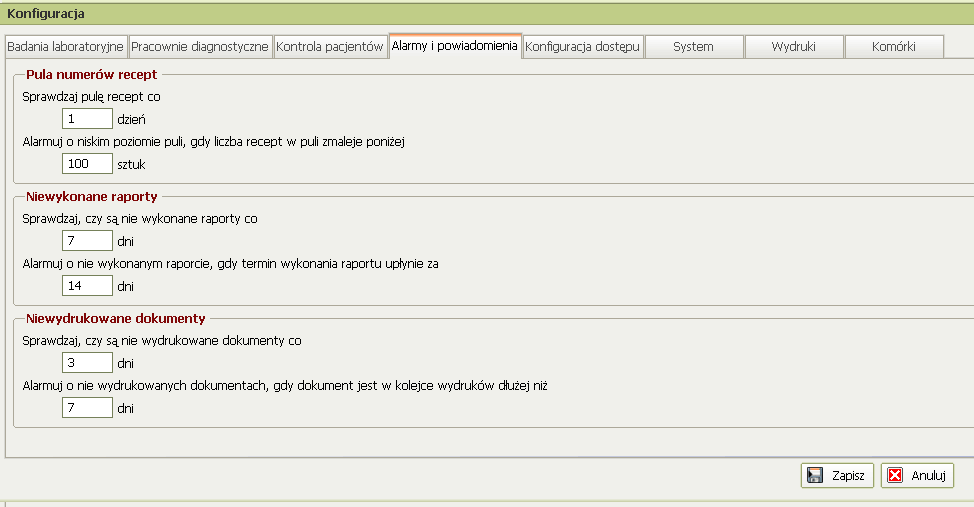 Alarmy Funkcje Kierownika Medycznego -> System -> Ustawienia Zakładka Alarmy i powiadomienia umożliwia zdefiniowanie alarmów informujących o wyczerpującej się puli recept, zbliżaniu się terminów
