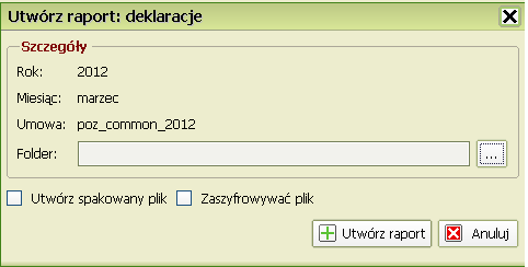 W okienku raporty klikamy zakładkę "Deklaracje" Wybieramy za jaki okres ma być wykonany raport deklaracji należy skorzystać ze szczegółów: Wybieramy za jaki Rok, Miesiąc oraz na jakiej Umowie ma być