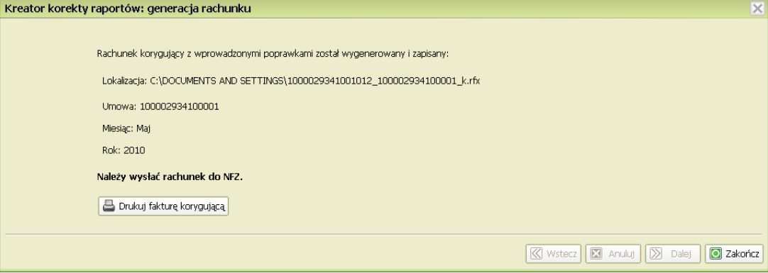 Program poinformuje o prawidłowym utworzeniu korekty rfx. W tym momencie można wydrukować korektę. Na Zakończenie klikamy przycisk Zakończ.