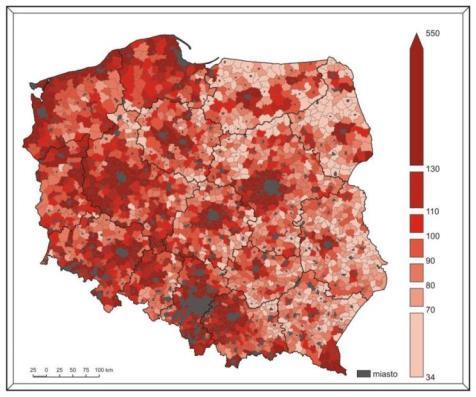 Diagnoza przedsiębiorczości Wieś charakteryzuje się niższą aktywnością gospodarczą niż przeciętna w kraju i dużym zróżnicowaniem przestrzennym w tym zakresie.