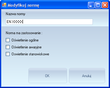 4. Edycja norm. W programie opracowano klasyfikację pomieszczeń wraz z wymaganiami dla parametrów oświetlenia na podstawie normy EN 12464.