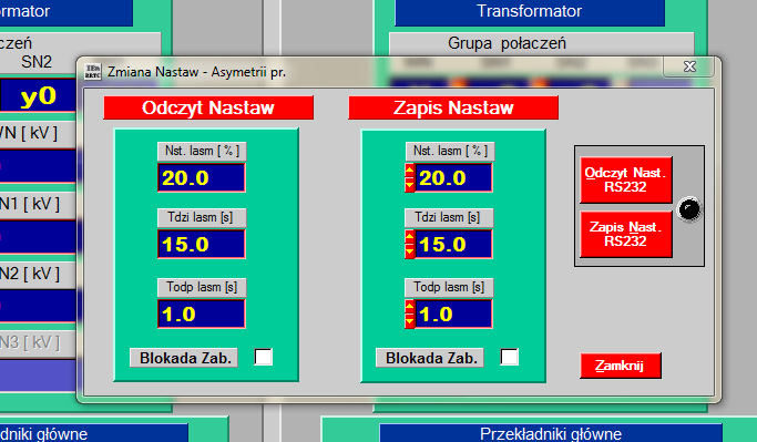 14 7.4. Nst. zab. prądowych Rys. 6. Okno - Pomiar 2 Oscyloskop Polecenie Nst.pr.prądowych w zabezpieczeniu RRTC-3 umożliwia odblokowanie lub zablokowanie oraz nastawienie funkcji kontroli ciągłości obwodów prądowych.