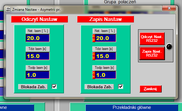 15 - Odczyt nastaw RS232 przycisk ten umożliwia odświeżenie (wczytanie z zabezpieczenia) kolumny Odczyt Nastaw i sprawdzenie jak jest aktualnie nastawiona funkcja.