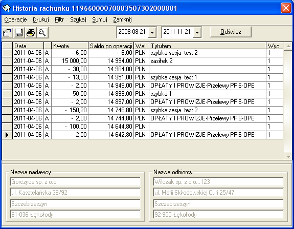 W wyświetlonym oknie HISTORIA RACHUNKU pojedynczy wiersz listy operacji wykonanych na rachunku, wyświetla: datę operacji, kwotę, saldo rachunku po operacji, walutę, tytuł operacji i numer wyciągu, w