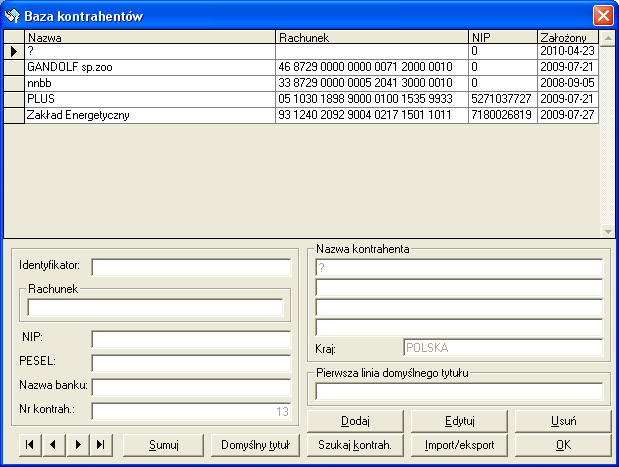 6. Menu Bazy danych 6.1. Kontrahenci BAZY DANYCH KONTRAHENCI Opcja umożliwia utworzenie listy kontrahentów wykorzystywanych przy wprowadzaniu przelewów zwykłych.