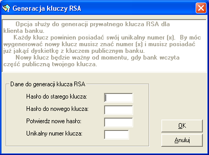 Opcja jest wykorzystywana przez klienta wówczas, gdy klient chce generować dyskietkę z podpisem elektronicznym gdy sam chce generować swój klucz prywatny.