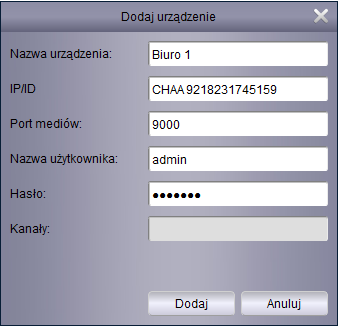 Aby dodać urządzenie ręcznie proszę nacisnąć Dodaj urządzenie. Zostanie wyświetlone okno jak poniżej. Nazwa urządzenia - nazwa widoczna w programie ułatwiająca identyfikację urządzenia.