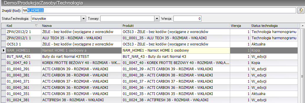 Zasoby Pod folder Zasoby gromadzi wszystkie dane potrzebne do zdefiniowania procesu produkcji i zasobów produkcyjnych.