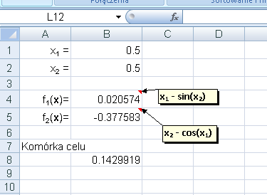 przedstawić w postaci formuł, stosując przy tym funkcje zdefiniowane w środowisku MS Excel, jak również odwołując się do poszczególnych zmiennych jak do adresów wcześniej zdefiniowanych komórek.