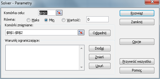 komórkę celu, tzn. komórkę, w której zdefiniowana jest funkcja, która będzie optymalizowana lub funkcja definiującą równanie, którego rozwiązanie ma być wyznaczone; komórki zmieniane, tzn.