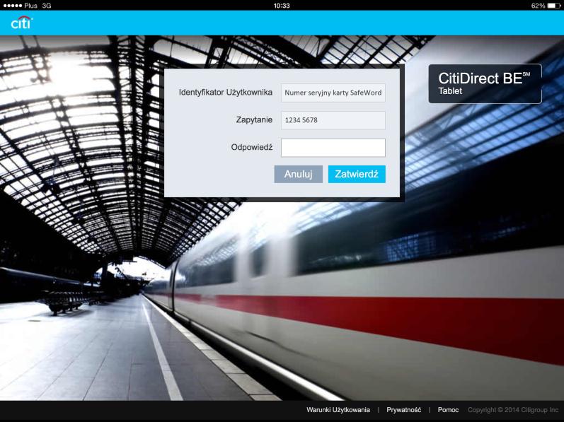 Uwaga: Jeżeli w podstawowej wersji serwisu CitiDirect został ustanowiony alternatywny identyfikator logowania, logowanie do aplikacji CitiDirect BE Tablet odbywa się z wykorzystaniem tego samego