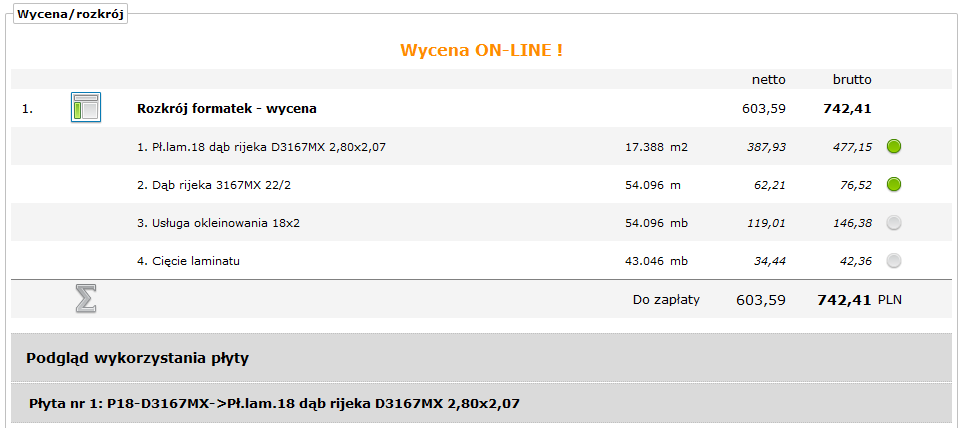 Po kliknięciu w ikonkę zostanie wyświetlone okienko z opisem błędu. Jeżeli zostaną usunięte wszystkie nieprawidłowości, system przystąpi do optymalizacji formatek w zleceniu.