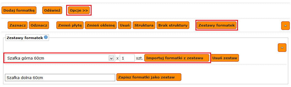 Zestawy formatek System eformatyzacjaonline umożliwia zapisywanie zleceń jako zestawów formatek w celu ich późniejszego dodawania do nowych zleceń. Zestawy mogą być wykorzystane np.