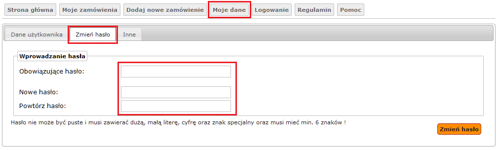 5. Wprowadź otrzymane (emailem bądź od administratora) hasło, a w polach poniżej dwukrotnie nowe hasło.