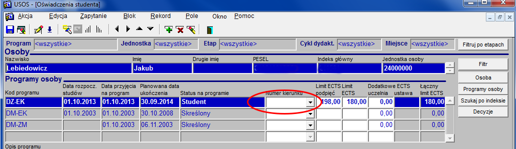 Brak nr kierunku studiów, oświadczenia Komunikat brak numeru kierunku