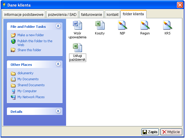Folder klienta Zakładka Folder klienta zawiera folder, w którym można umieścić dokumenty związane z klientem.