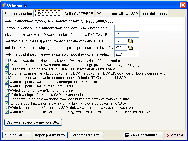 Automatyczne otwieranie list kodów przy dodaniu dokumentu po włączeniu tej opcji, program automatycznie wyświetla listę kodów dokumentów dodatkowych/wymaganych, Kolor edytowanych pól formularza SAD w