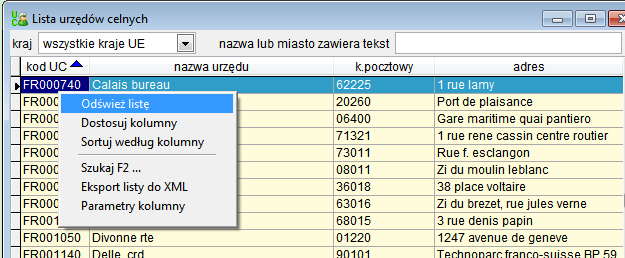 Menu podręczne dla list. Dla każdej listy dostępne jest menu podręczne prawy klawisz myszy w obszarze listy (z wyłączeniem nagłówka).