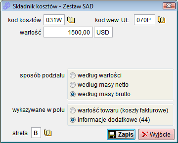 Koszty transportu lotniczego wymagają dodatkowego określenia kodu kosztów od granicy UE doliczanych do podstawy VAT, oraz strefy dla portu lotniczego wylotu.