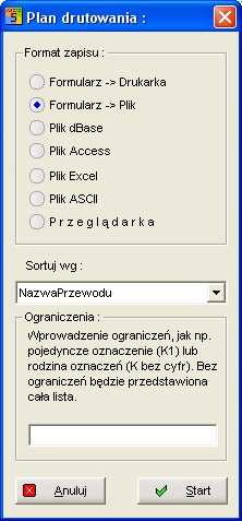 Ustawiamy 'Sortuj wg:' na 'Nazwa przewodu' i rozpoczynamy zadanie. Zostaną zestawione wszystkie połączenia schematu.