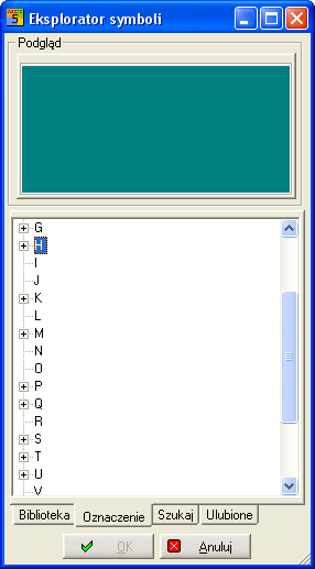 Zaznaczając kartę Oznaczenie, moŝemy przeglądać elementy według liter oznaczeń, zgodnych z polską normą.