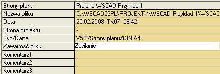 Dla opisu zawartości pierwszej strony schematu ('WSCAD Projekt Demo.0001') wprowadzamy w polu 'Zawartość pliku' (ponad oknem podglądu) tekst 'Zasilanie'.