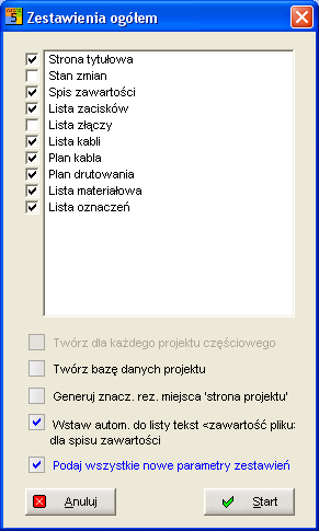 Wprowadzamy takie ustawienia jak przedstawiono w oknie dialogowym i rozpoczynamy zestawienia ogółem. W tle przebiega zestawienie ogółem i po kolei tworzy zaplanowane przez Państwa listy.