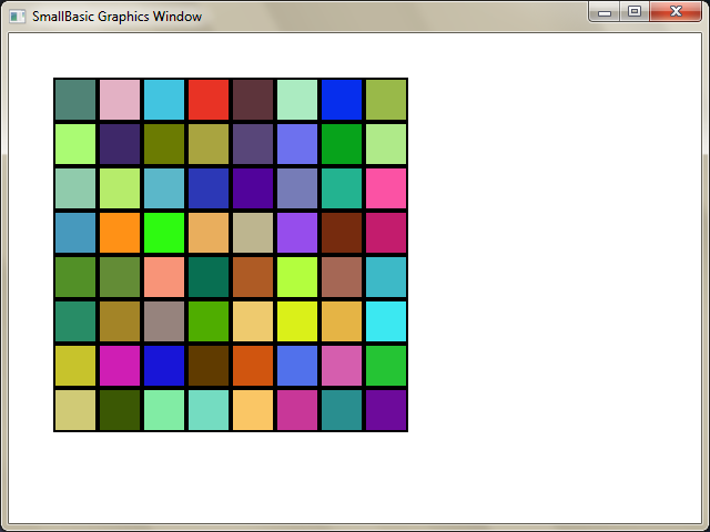 rows = 8 columns = 8 size = 40 For r = 1 To rows For c = 1 To columns GraphicsWindow.BrushColor = GraphicsWindow.GetRandomColor() boxes[r][c] = Shapes.AddRectangle(size, size) Shapes.