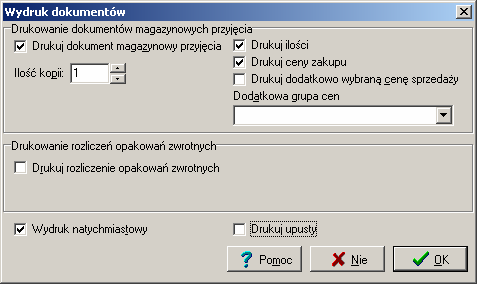 12.6. Wydruk dokumentów przyjęcia możliwość ukrywania cen zakupu lub ilości Podczas określania parametrów wydruku dokumentów przyjęcia zostały dodane dwa parametry Drukuj ilość oraz Drukuj ceny