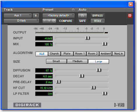 3 Wybierz Track > New, ustaw go jako 1 stereo Auxiliary Input, a następnie naciśnij Create. 4 Na nowo dodanej ścieżce Auxiliary Input: Kliknij na selektor Track Insert i wybierz D-Verb z menu Reverb.