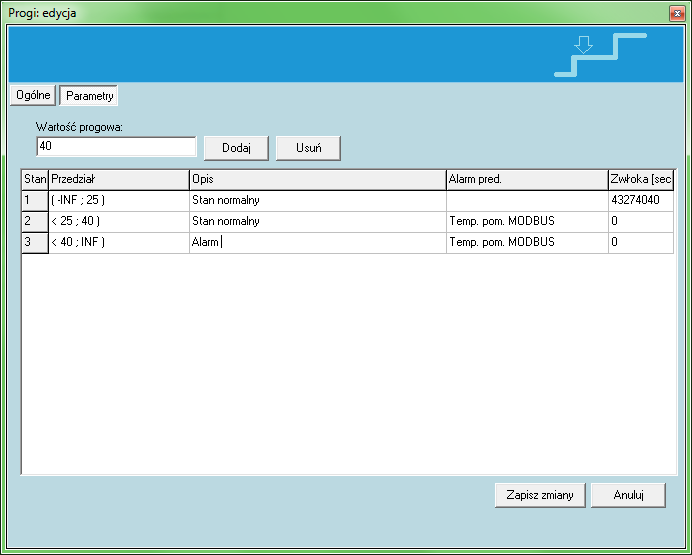 Progi Tym sposobem, możliwe jest wyznaczanie granic przekroczenia ustalonych wartości (temperatura, wilgotność, woda, wentylacja itp).