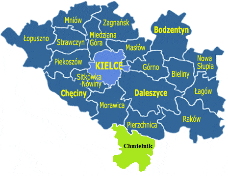 DIAGNOZA STANU OBECNEGO WSTĘP Gmina Chmielnik jest gminą miejsko-wiejską położoną w powiecie kieleckim, w województwie świętokrzyskim. Odległość do stolicy województwa wynosi 31 km.