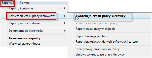 Odnaleźć w głównym menu Raporty / Rozliczanie czasu pracy kierowców / Ewidencja czasu pracy kierowców: 2.