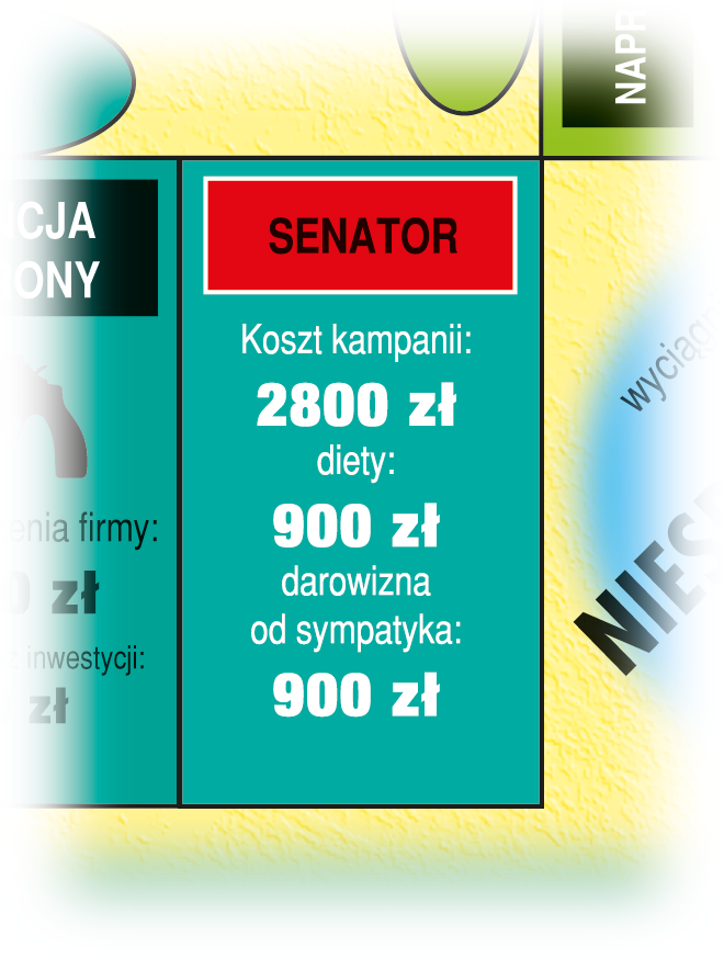 SENATOR Koszt kampanii:...2800 Diety:...900 Darowizna od sympatyka:...900 rys.12 rys.13 pole SENATOR karta SENATOR Gracze, którzy stanà na niewykupionym polu SENATOR (rys.12) lub RADNY (rys.