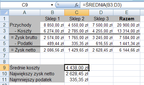 Adres komórki Formuła Funkcja (komórka kopiowana) E2 = B2+C2+D2 =SUMA(B2:D2) E3 = B3+C3+D3 =SUMA(B3:D3) E4 = B4+C4+D4 =SUMA(B4:D4) E5 = B5+C5+D5 =SUMA(B5:D5) Pozostaje wyliczenie średnich kosztów,