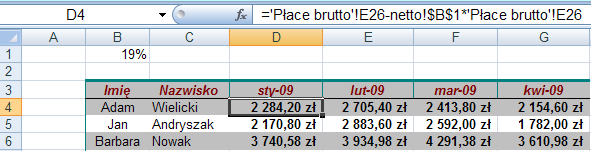 Do komórki E26 należy wprowadzić zatem następującą formułę: =$D26+E5*E$21+$C$23*$D26, skopiować ją w dół, a potem całą zaznaczoną kolumnę w prawo.