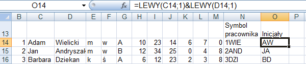 Teraz pozostaje tylko zamiana łańcuchów tekstowych z zakresu H14:M23 na liczby. Należy kliknąć w komórkę H14 i poprawić formułę czyli dopisać funkcję WARTOŚĆ: = WARTOŚĆ(FRAGMENT.