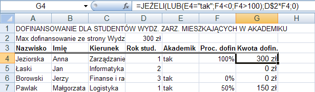 Funkcje ORAZ i LUB bardzo często są używane jako warunek złożony w funkcji JEŻELI (przykłady poniżej).