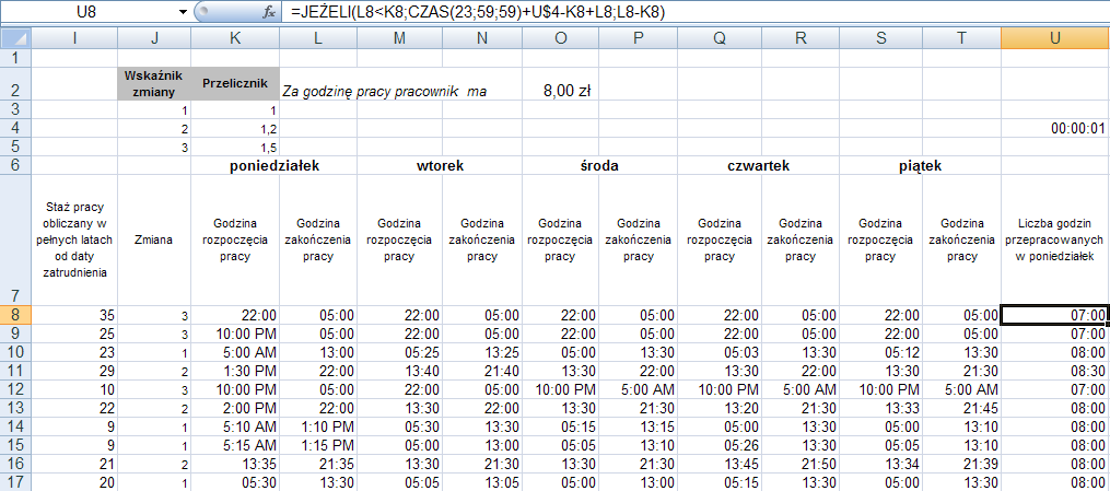 Zadania do samodzielnego wykonania 1. W arkuszu CZASUIDATY, w skoroszycie Ontime2007.xlsx, należy stworzyć w komórce E8 formułę liczącą, w którym roku dany pracownik osiągnął pełnoletniość.