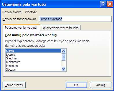 Dane w tabeli przestawnej agregowane są zazwyczaj przy pomocy funkcji SUMA. Możliwe jest jednak wybranie innej funkcji agregującej.