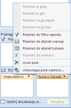 Pojawi się wówczas okno dialogowe Ustawienia pola wartości, w którym w zakładce Podsumowanie według można wybrać funkcję, według której dane w tabeli przestawnej będą agregowane.