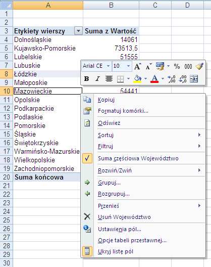 Te same czynności należy powtórzyć tworząc pozostałe regiony. Tabela przestawna po zgrupowaniu danych będzie wyglądała jak na rysunku poniżej.