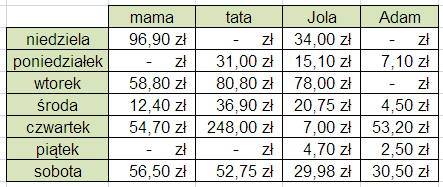T.Ziębakowski PROGRA MOWANIE str. 19 12. Za pomocą funkcji tablicowej wykonać zestawienie wydatków każdej z osób w poszczególnych dniach tygodnia. 13.