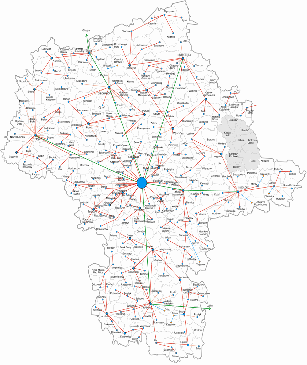 Przedstawiona mapa pokazuje stan obecny oraz inwestycje planowane przez Telekomunikację