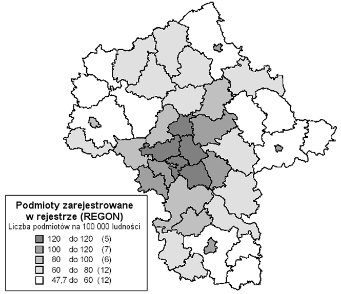 Rozkład geograficzny omawianego wskaźnika w powiatach województwa mazowieckiego obrazuje rysunek 7.