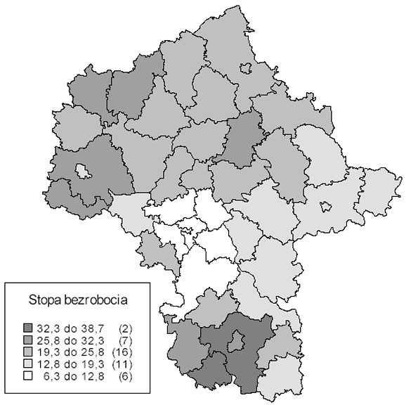 Rysunek 8 Stopa bezrobocia w województwie mazowieckim w czerwcu 2005 roku Prezentowany rozkład wartości stopy bezrobocia wykazuje, iż najsilniej dotknięta jest nim strefa południowa województwa