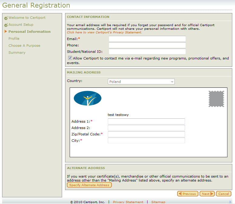 10) podajemy nasz adres e-mail, opcjonalnie telefon oraz/lub nr legitymacji studenta; 11) w polach Address podajemy np.