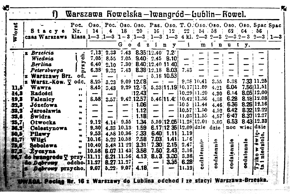 2. Rozkład jazdy z 1910 r. Na tym rozkładzie jazdy w dalszym ciągu między Pilawą a Sobolewem jest tylko jedna stacja, która nazywa się Wilga.