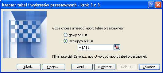 Klikamy Dalej >. Wybieramy miejsce w którym ma znaleźć się tworzona tabela przestawna i klikamy Zakończ.