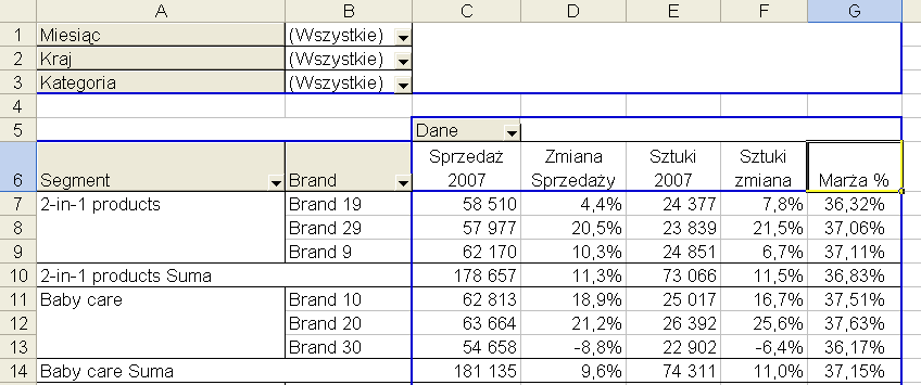 Używając wcześniej opisanych technik formatujemy pole Marża %, tak aby wyglądało jak na poniższym rysunku.